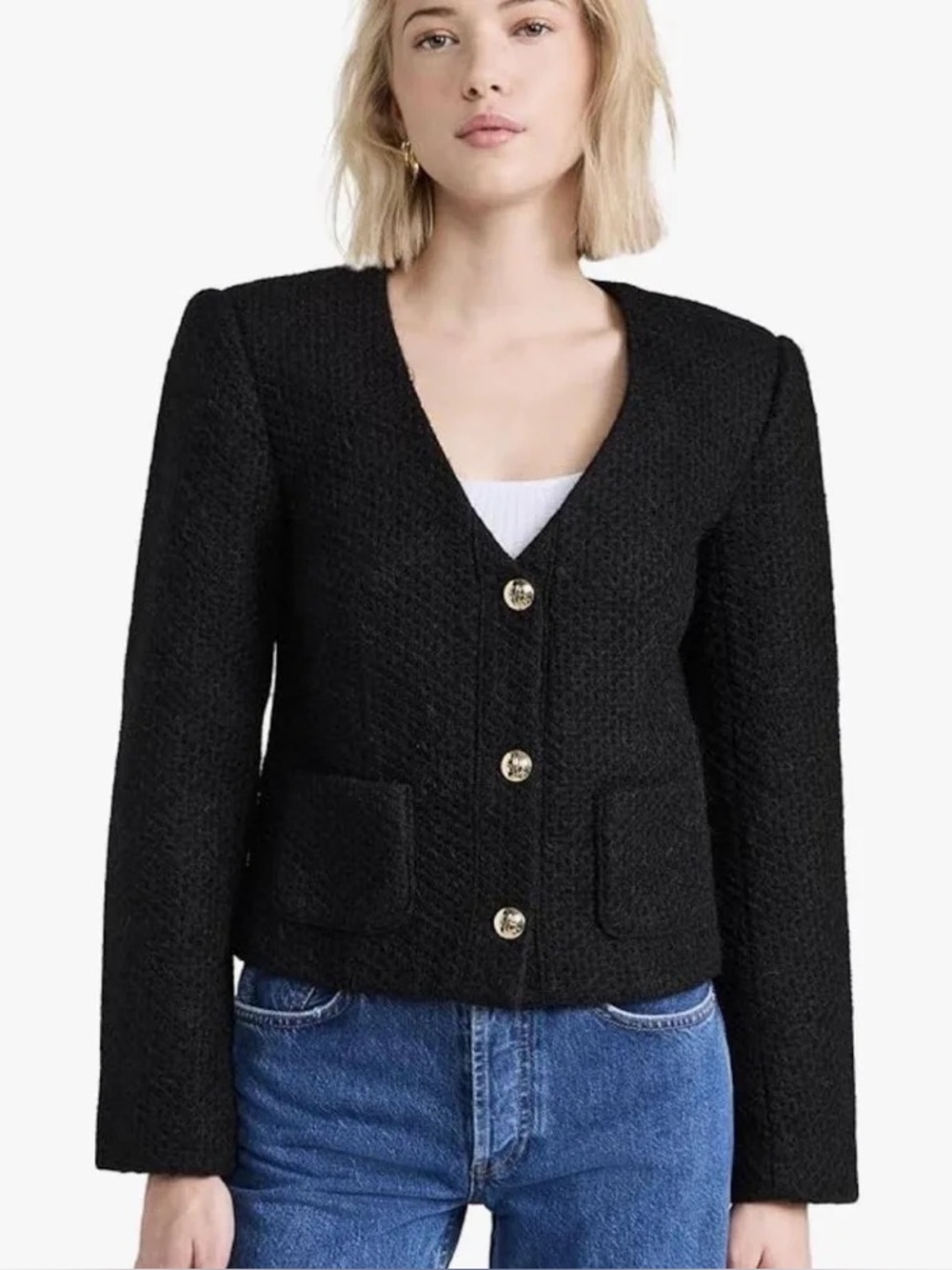 Anine Bing Black Cropped Bouclé Blazer Cardigan Gold Crest Buttons Luxe Knitwear